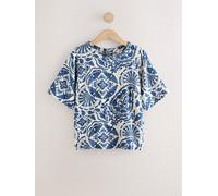 Next Blue/Cream Geo Print Short Sleeve Boxy T-Shirt with Linen