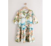 Next Blue House Print Short Sleeve Button Through Tiered Mini Dress with Linen Blue House Print EU 52 (UK 24)