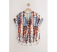 Next Blue/Orange Tie Dye Print Relaxed Fit Short Sleeve Overhead V-Neck Blouse