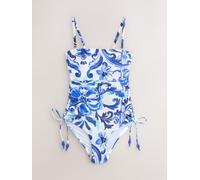 Next Blue/White Floral Bandeau Ruched Leg Tummy Control Shaping Swimsuit
