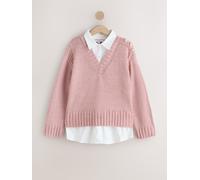Next Blush Pink V-Neck Knitted Shirt Layer Look Jumper