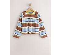 Next Brown/Blue/Ecru/Yellow Stripe Button Henley Crew Neck Long Sleeve Top
