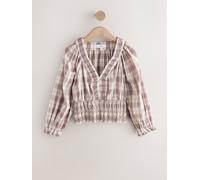 Next Brown/Cream Check Smocked V-Neck Long Sleeve Blouse