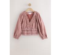 Next Brown/Red Heart Gingham Smocked V-Neck Long Sleeve Blouse