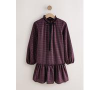 Next Burgundy Red Check Mini Tie Front Tiered Long Sleeve Dress Burgundy Red Check EU 50 (UK 22)