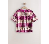 Next Burgundy Red/Gold Stripe Sequin Boxy Crew Neck T-Shirt