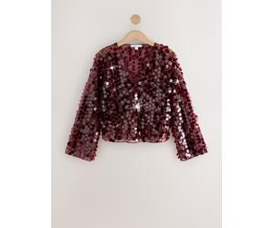 Next Burgundy Red Sheer Sequin Long Sleeve V-Neck Top