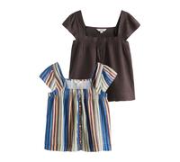 Next Blue Stripe/Chocolate Brown Flutter Sleeve Button Front Tops 2 Pack With Linen