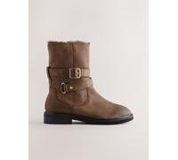 Next Chestnut Brown Oiled Leather Forever Comfort Borg Lined Buckle Trim Ankle Boots