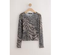 Next Chocolate Brown Animal Print Crinkle Mesh Long Sleeve Crew Neck Top