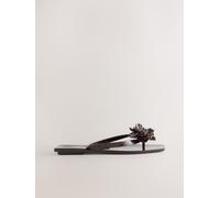 Next Chocolate Brown Beach Flower Trim Square Toe Flip Flops