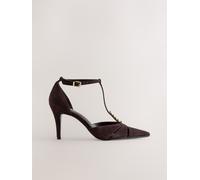 Next Chocolate Brown Leather Forever Comfort Leather Two Part T Bar Embellished Heels Chocolate Brown Leather EU 41 (UK 7)
