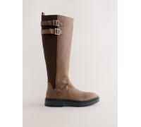 Next Chocolate Brown Oiled Leather Forever Comfort Knee High Double Buckle Round Toe Boots