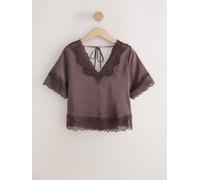 Next Chocolate Brown Satin V-Neck Lace Trim Top