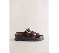 Next Chocolate Brown Suede Leather Strap Buckle Detail Sandals