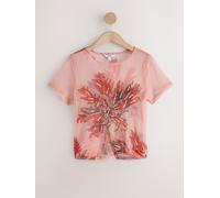 Next Coral Pink Palm Print Beaded Mesh Short Sleeve Top