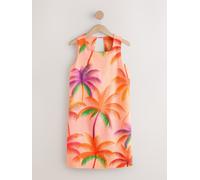 Next Coral Pink Palm Print Linen Rich Square Neck Shift Mini Dress Coral Pink Palm Print EU 42 Petite (UK 14 P)