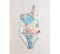 Next Cream/Blue Map Rib One Shoulder Tummy Control Swimsuit