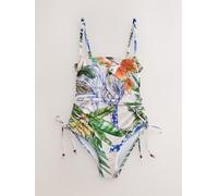 Next Cream/Navy Parrot Placement Print Bandeau Ruched Leg Tummy Control Shaping Swimsuit