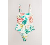 Next Cream/Pink Floral Print Seersucker Frill Strap Bandeau Tummy Control Swimsuit
