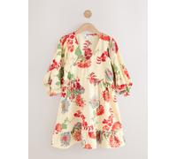 Next Ecru/Cream & Red Floral Volume Sleeve Tie Mini Dress Ecru/Cream & Red Floral EU 42 Petite (UK 14 P)