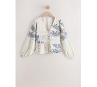 Next Ecru Jacquard Blue Floral Print Tie-Neck Long Sleeve Blouse