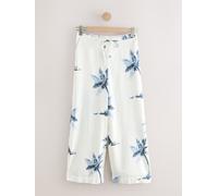 Next Ecru/Navy Blue Palm Print Linen Blend Wide Leg Trousers