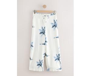 Next Ecru/Navy Blue Palm Print Linen Blend Wide Leg Trousers