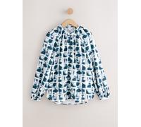 Next Ecru/Navy Grid Print Long Sleeve V-Neck Blouse