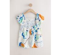 Next Ecru/Orange Map Print Flutter Sleeve Button Front Top With Linen