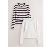 Next Ecru/Pink/Chocolate Brown Stripe Thermal Soft Touch Long Sleeve Crew Neck Top