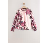 Next Ecru/Pink Floral Ruffle High Neck Satin Long Sleeve Blouse