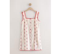 Next Ecru/Red Cherry Jacquard Square Neck Button Down Mini Shift Dress Ecru/Red Cherry Jacquard EU 46 (UK 18)