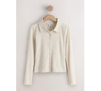 Next Ecru Ribbed Long Sleeve Button Through Polo Shirt Ecru EU 42 Petite (UK 14 P)