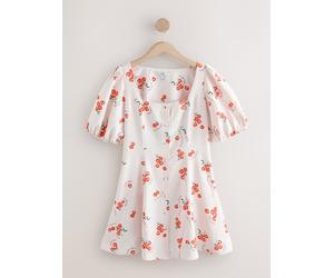 Next Ecru Tomato Print Puff Sleeve Button Through Mini Dress Ecru Tomato Print EU 44 (UK 16)