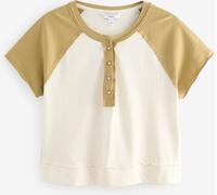 Next Ecru White and Green Shorter Length Raglan Colourblock Short Sleeve Button Henley T-Shirt