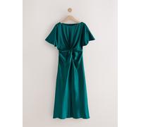 Next Emerald Green Textured Satin Short Sleeve Twist Front Midi Dress Emerald Green EU 46 Tall (UK 18 T)