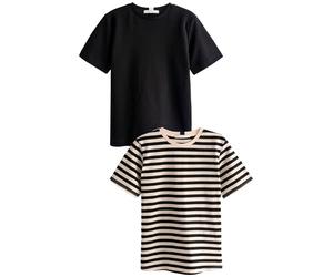 NEXT Femme T-Shirts épais à Manches Courtes, Lot de 2 Black/Ecru Stripe 48