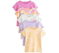 NEXT Fille Lot de 5 t-Shirts à Manches Courtes | Tissu stretch et doux finement côtelé avec bord ondulé, Imprimés ludiques, Short assorti disponible