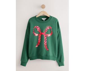 Next Forest Green/Red Christmas Sequin Bow Graphic Long Sleeve Sweatshirt
