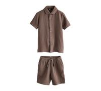 NEXT Garçon Chemise texturée en tissu double à manches courtes et short Marron chocolat