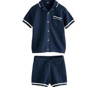 NEXT Garçon Ensemble polo en maille texturée avec col à revers et short Bleu marine 6 Ans-7 Ans