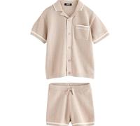NEXT Garçon Ensemble polo en maille texturée avec col à revers et short Taupe 8 Ans-9 Ans