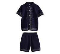 NEXT Garçon Polo en maille boutonné et short texturé Bleu marine 7 Ans