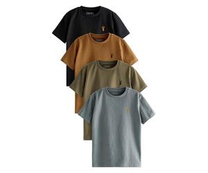 NEXT Garçon T-Shirt à Manches Courtes et cerf brodé, Lot de 4 Grey/Black/Khaki Green/Tan Brown 8 Ans