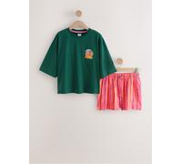 Next Green Cotton Boxy 3/4 Sleeve Back Embellished Fruit Graphic Top and Woven Stripe Cotton Short Pyjamas Set