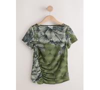 Next Green Floral Print Shirred Textured Drape Short Sleeve Slash Neck Top