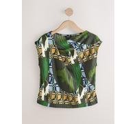 Next Green Geo Print Asymmetric Pleated Drape Short Sleeve Top