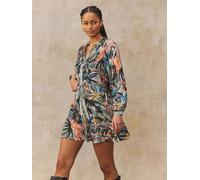 Next Green/Multicoloured Palm Print Boho Tie Waist Long Sleeve Mini Shirt Dress Green/Multicoloured Palm Print Boho EU 34 (UK 6)