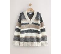 Next Grey and Neutral Stripe Textured V-Neck Longline Jumper
